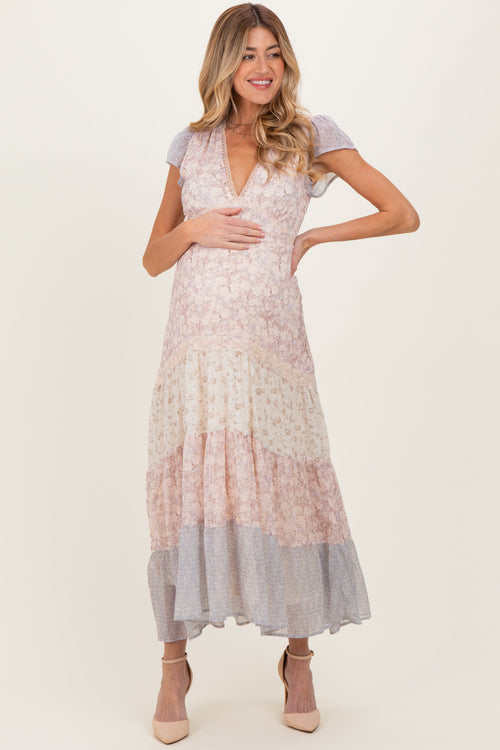 Multicolor Floral Colorblock Tiered Maternity Maxi Dress