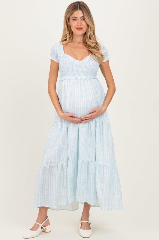Light Blue Floral Lace Trim Tiered Maternity Maxi Dress