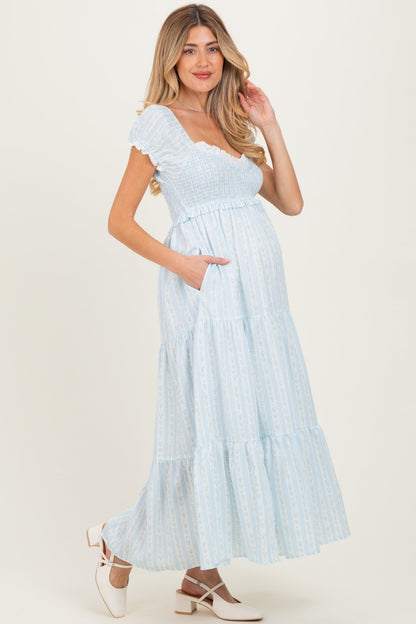Light Blue Floral Lace Trim Tiered Maternity Maxi Dress
