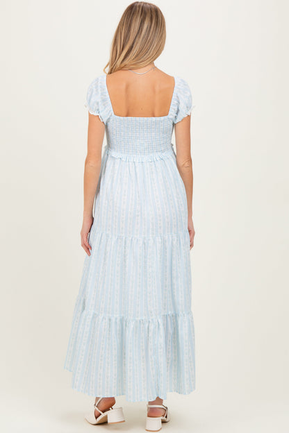 Light Blue Floral Lace Trim Tiered Maternity Maxi Dress