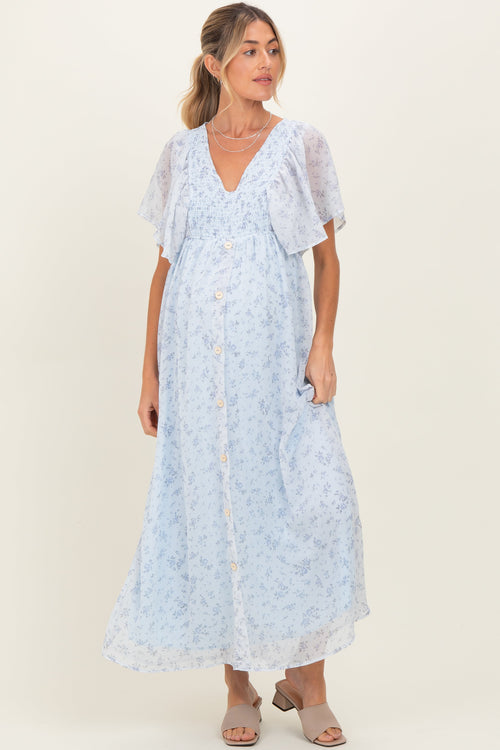 Blue Floral Chiffon Short Sleeve V-Neck Smocked Top Maternity Maxi Dress
