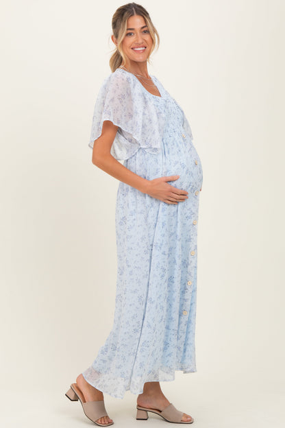 Blue Floral Chiffon Short Sleeve V-Neck Smocked Top Maternity Maxi Dress
