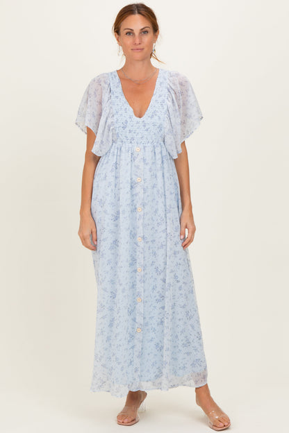 Blue Floral Chiffon Short Sleeve V-Neck Smocked Top Maternity Maxi Dress