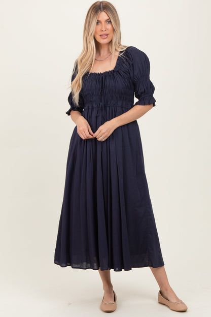 Navy Smocked Ruffle Square Neck Maternity Midi Dress