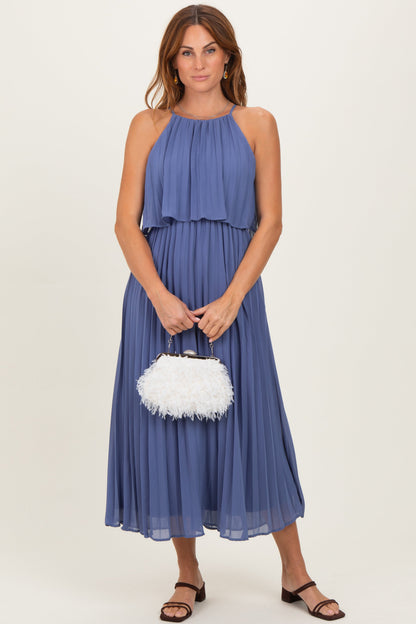 Light Navy Pleated Woven Maternity Midi Dress