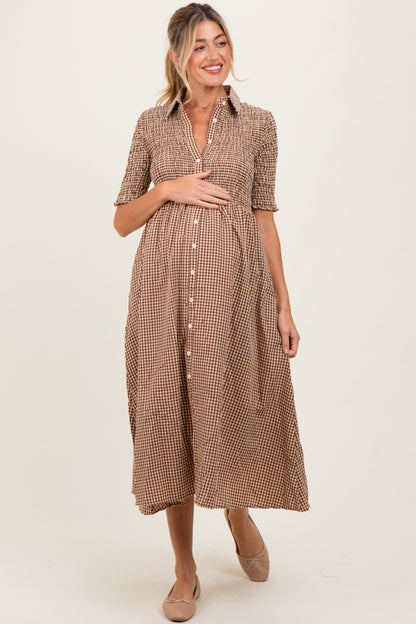 Mocha Gingham Smocked Button Down Maternity Midi Dress
