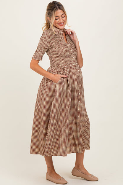 Mocha Gingham Smocked Button Down Maternity Midi Dress