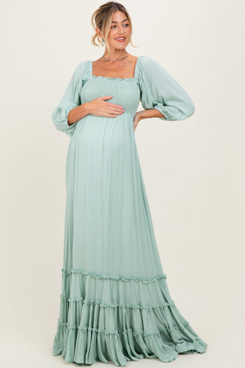 Sage Solid 3/4 Sleeve Smocked Top Tiered Maternity Maxi Dress