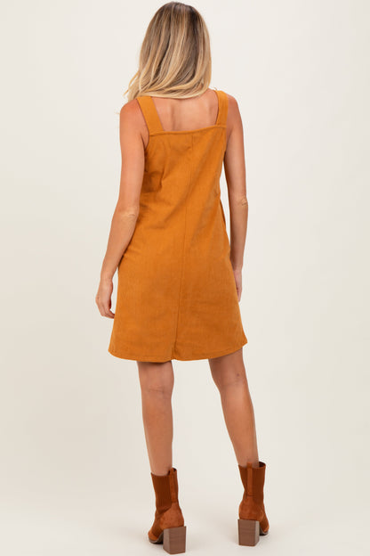 Mustard Solid Corduroy V-Neck A-Line Maternity Mini Dress