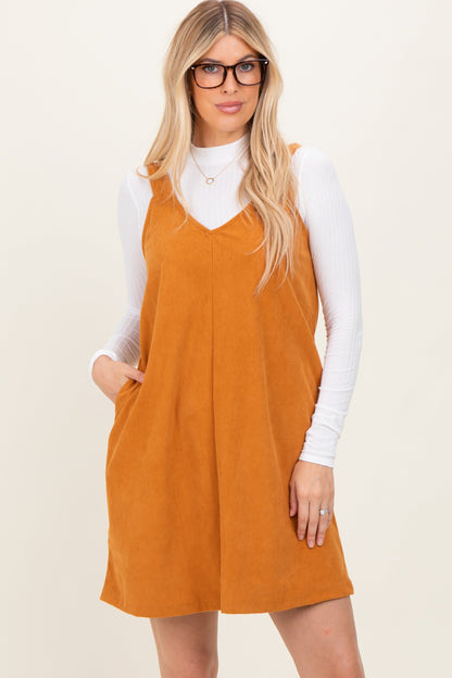 Mustard Solid Corduroy V-Neck A-Line Maternity Mini Dress