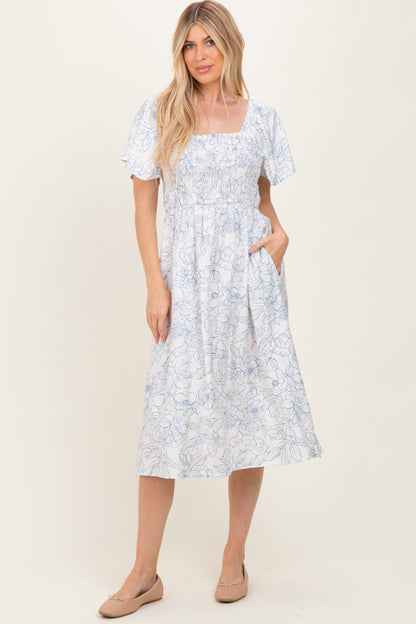 Off White Blue Floral Maternity Dress With Pockets