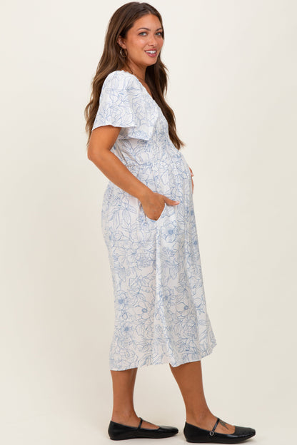 Off White Blue Floral Maternity Dress With Pockets