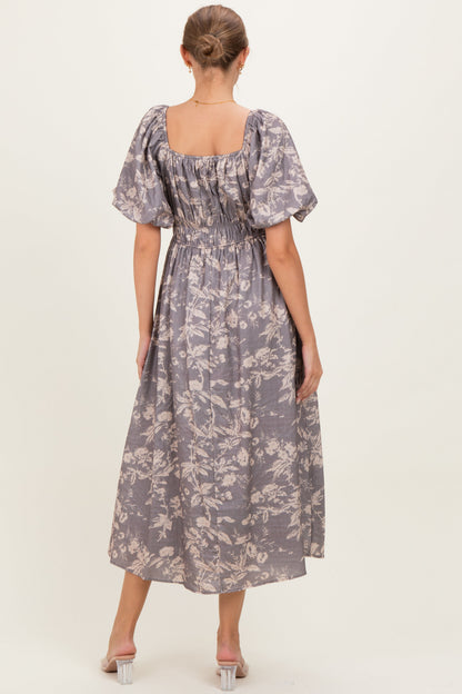 Grey Floral Puff Sleeve Smocked Waist Maternity Midi Dress