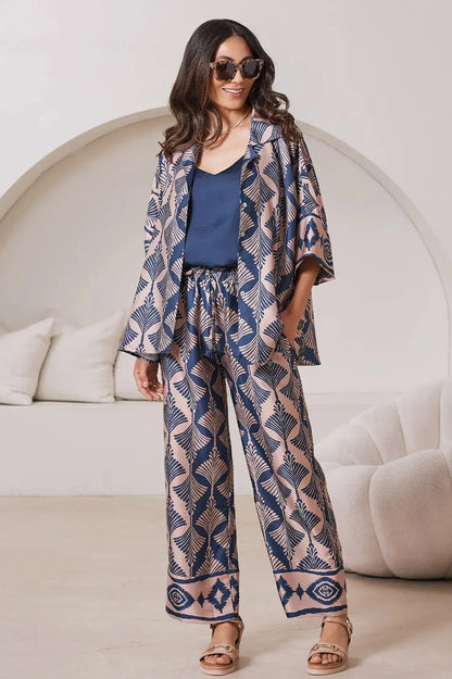 Casey Straight Leg Pants Fan Print in Navy & Espresso