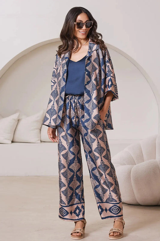 Casey Straight Leg Pants Fan Print in Navy & Espresso