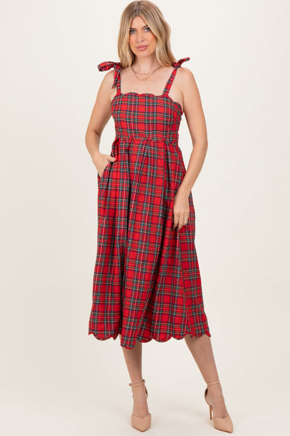 Red Plaid Shoulder Tie Scallop Hem Maternity Midi Dress