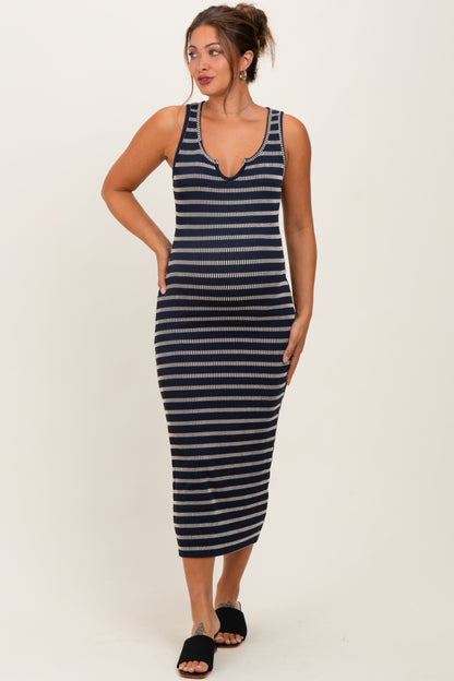 Navy Stripe Ribbed Sleeveless V Neck Maternity Maxi Dress