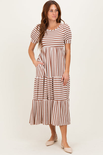 Cream/Camel Striped Short Sleeve Tiered Maternity Maxi Dress