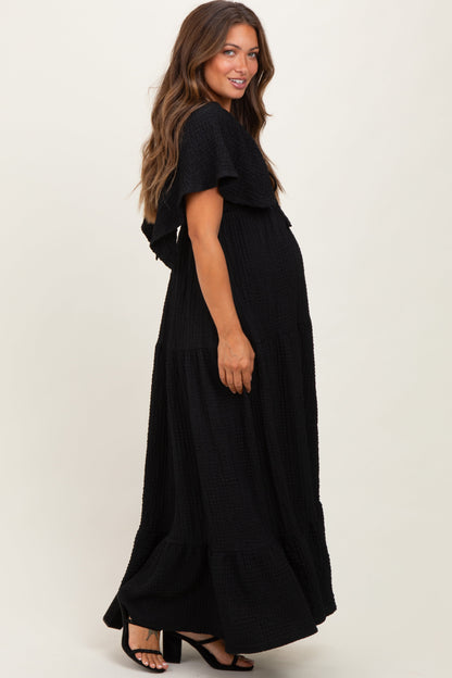 Black Woven Textured Flutter Sleeve V-Neck Tiered Maternity Maxi Dress