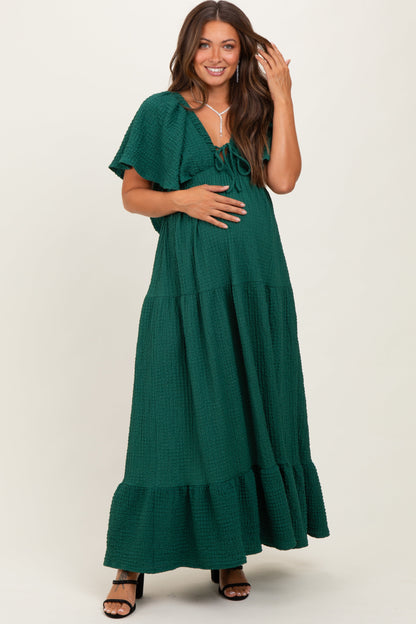Hunter Green Woven Textured Flutter Sleeve V-Neck Tiered Maternity Maxi Dress