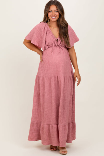 Mauve Woven Textured Flutter Sleeve V-Neck Tiered Maternity Maxi Dress