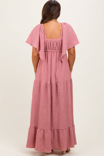Mauve Woven Textured Flutter Sleeve V-Neck Tiered Maternity Maxi Dress