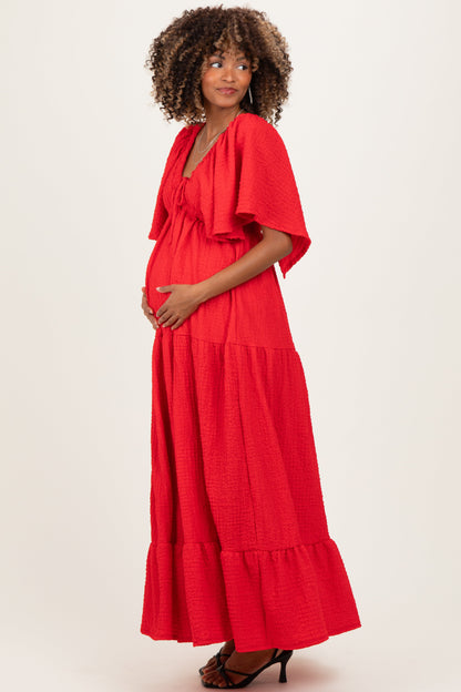 Red Woven Textured Flutter Sleeve V-Neck Tiered Maternity Maxi Dress