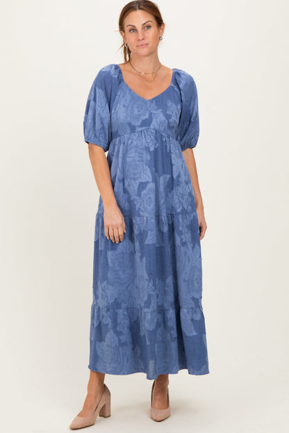 Blue Floral Textured Tiered Midi Maternity Dress