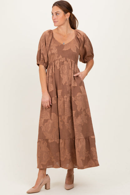 Brown Floral Textured Tiered Midi Maternity Dress