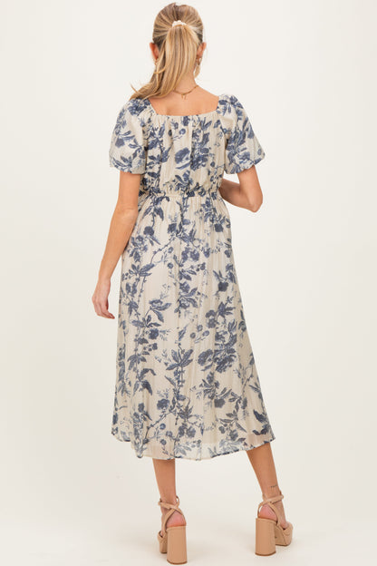 Navy Blue Floral Square Neck Puff Sleeve Maternity Midi Dress