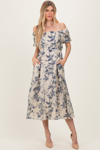 Navy Blue Floral Square Neck Puff Sleeve Maternity Midi Dress