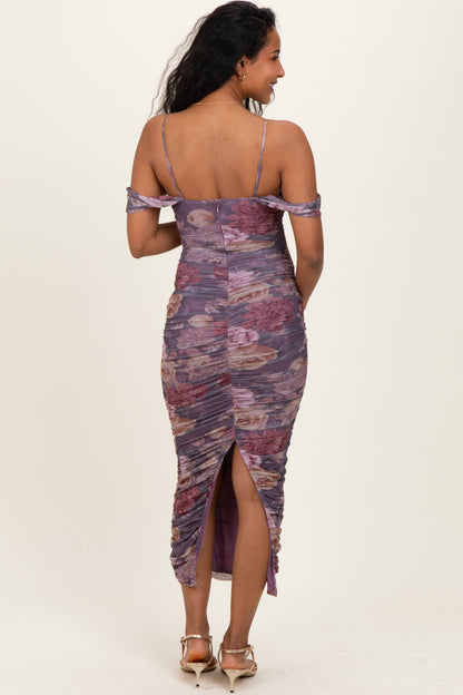 Lavender Floral Ruched Midi Maternity Dress