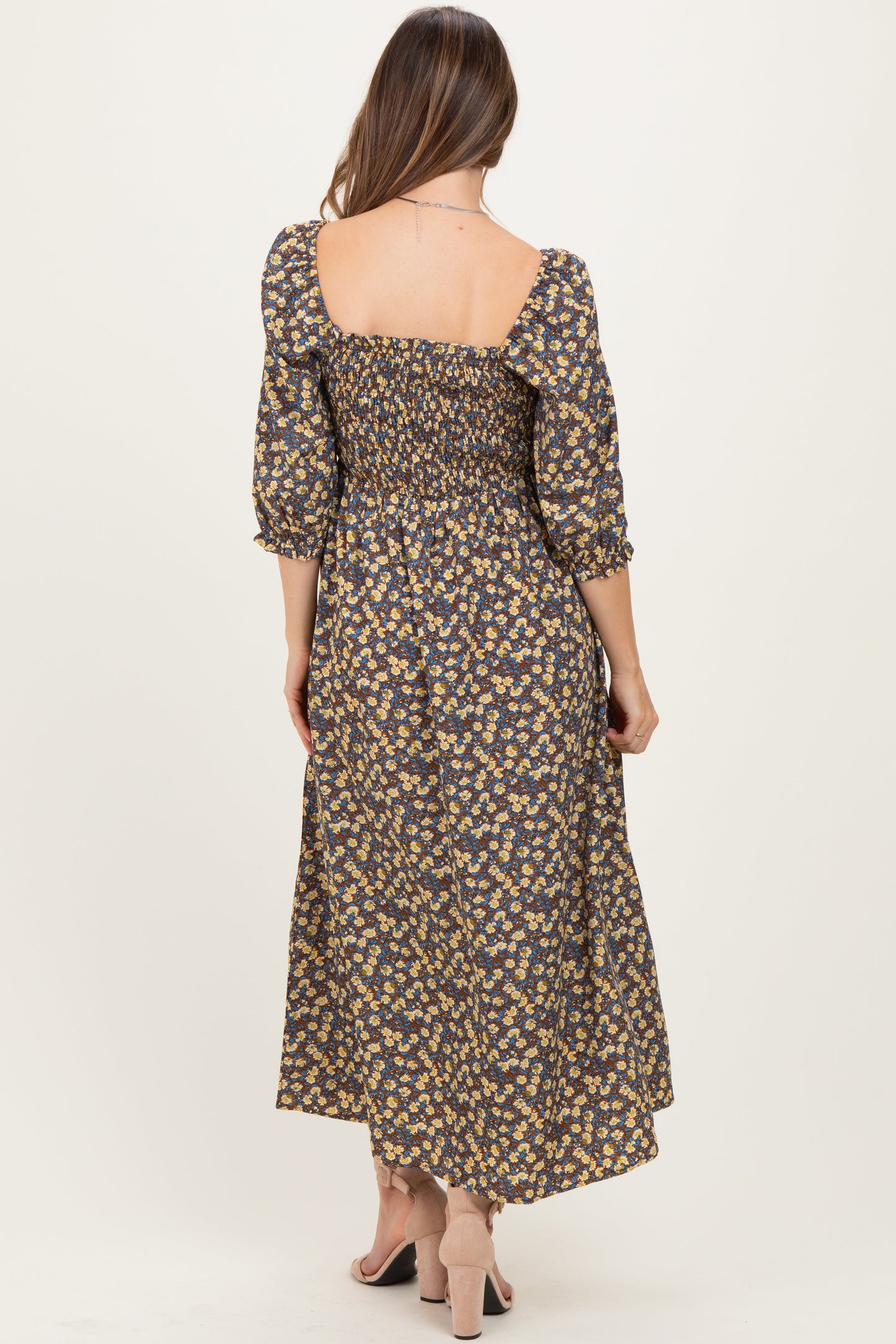 Chestnut Floral Print Smocked Bodice Maternity Maxi Dress