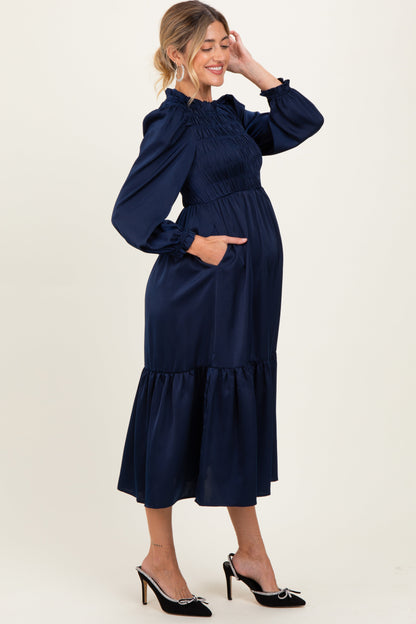Navy Mock Neck Satin Smocked Chest Maternity Dress