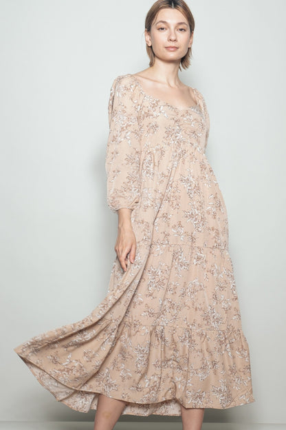 Beige Antique Floral Neck Maternity Maxi Dress