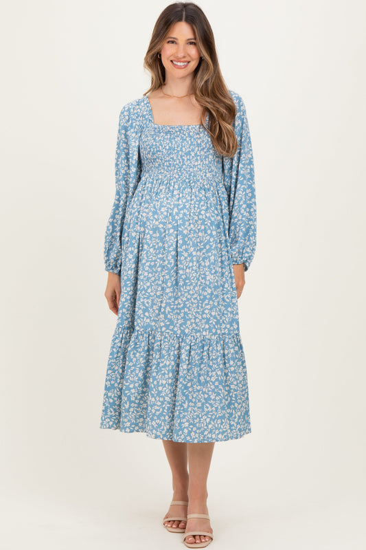 Dusty Blue Floral Square Neck Maternity Maxi Dress