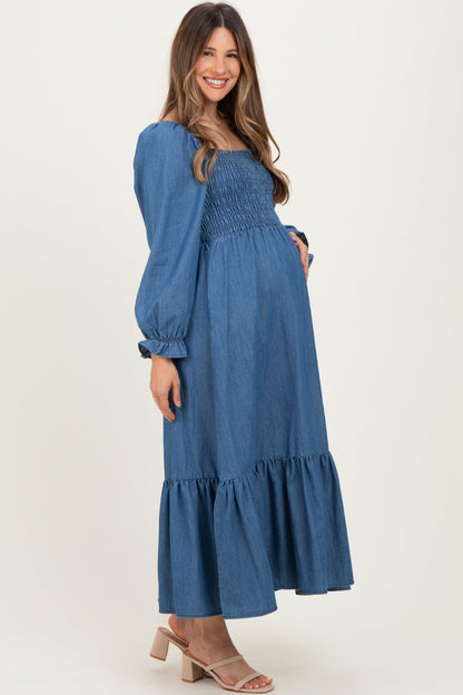 Denim Washed Sweetheart Maternity Maxi Dress