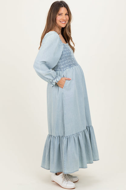 Light Denim Washed Sweetheart Maternity Maxi Dress