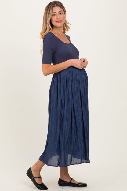 Navy Scoop Neck Pleated Skirt Ballet Maternity Dress