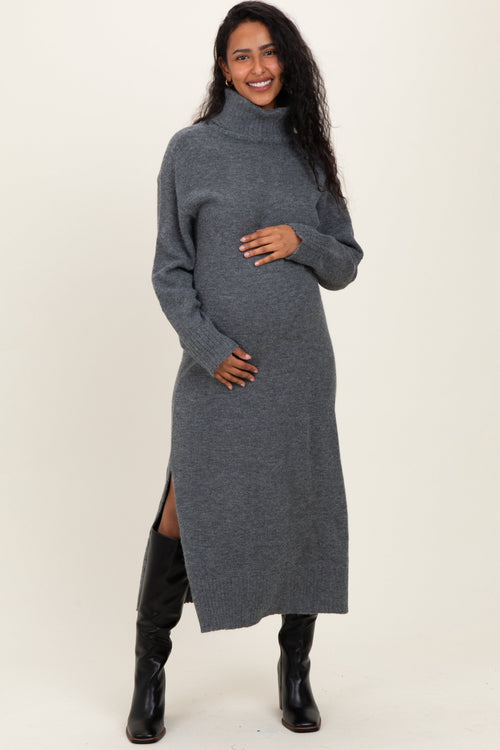 Charcoal Turtleneck Sweater Maternity Midi Dress