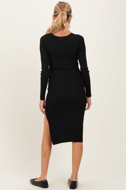 Black Knit Square Neck Slit Maternity Midi Dress