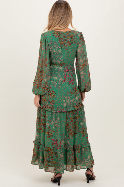 Green Floral Chiffon V-Neck Long Sleeve Maternity Maxi Dress