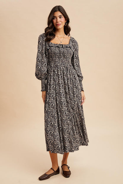 Navy Smocked Ruffled Floral Maternity Maxi Dress