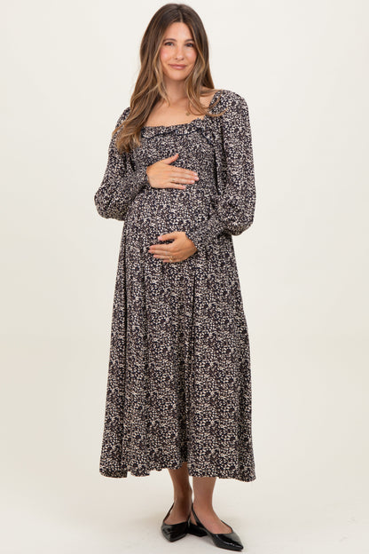 Navy Smocked Ruffled Floral Maternity Maxi Dress