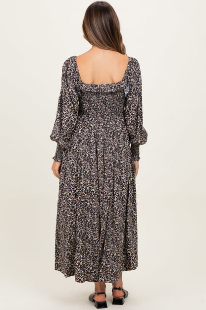 Navy Smocked Ruffled Floral Maternity Maxi Dress