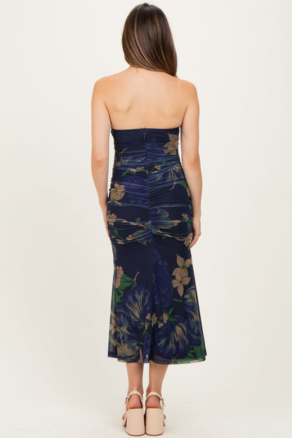 Navy Floral Mesh Ruched Maternity Midi Dress