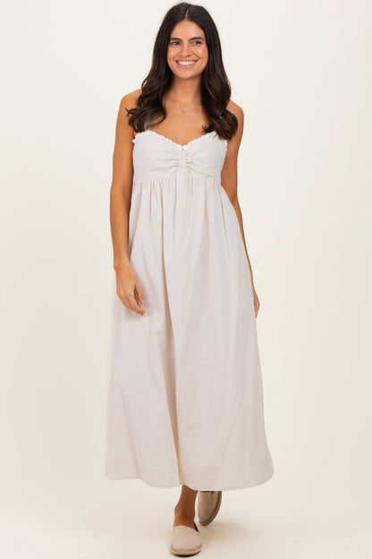 Taupe Ruffle Trim Sweetheart Neckline Maternity Midi Dress