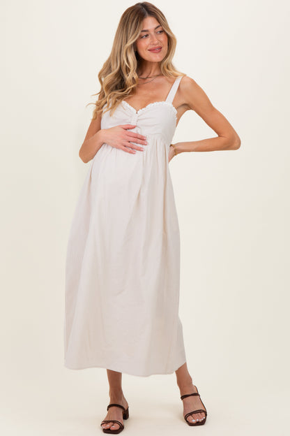 Taupe Ruffle Trim Sweetheart Neckline Maternity Midi Dress