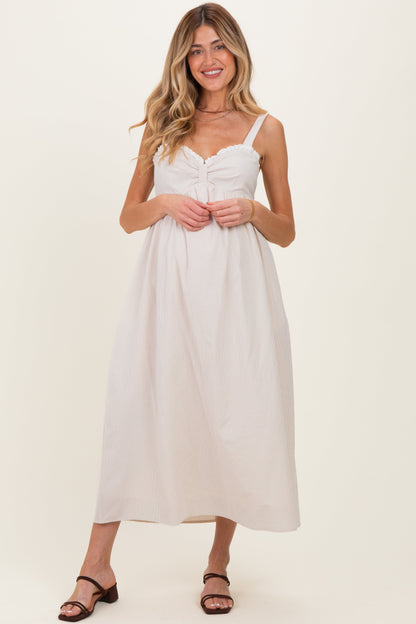 Taupe Ruffle Trim Sweetheart Neckline Maternity Midi Dress