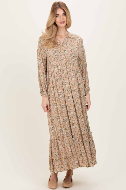 Mustard Floral Long Sleeve Button Down Collared Maternity Maxi Dress